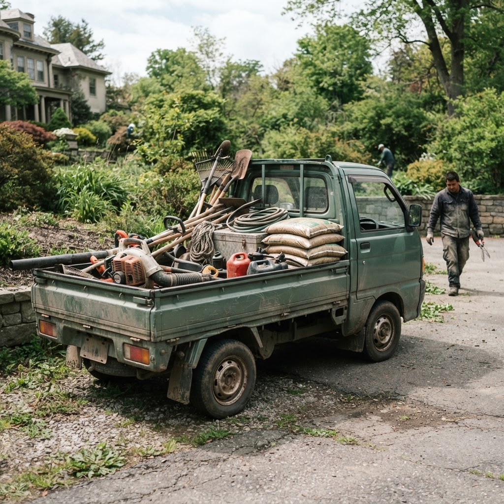 A kei truck being used for property maintenance work