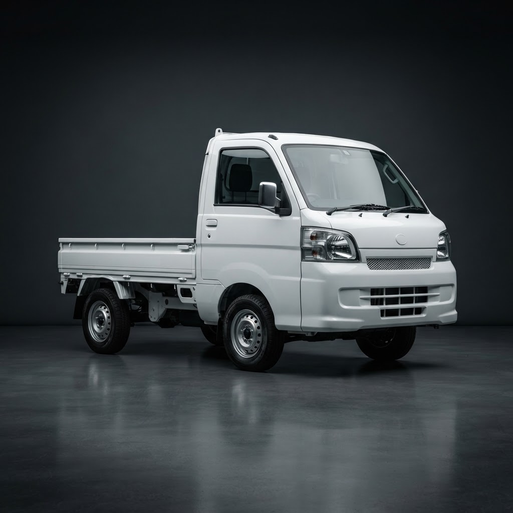 A pristine Japanese kei truck photographed in a studio