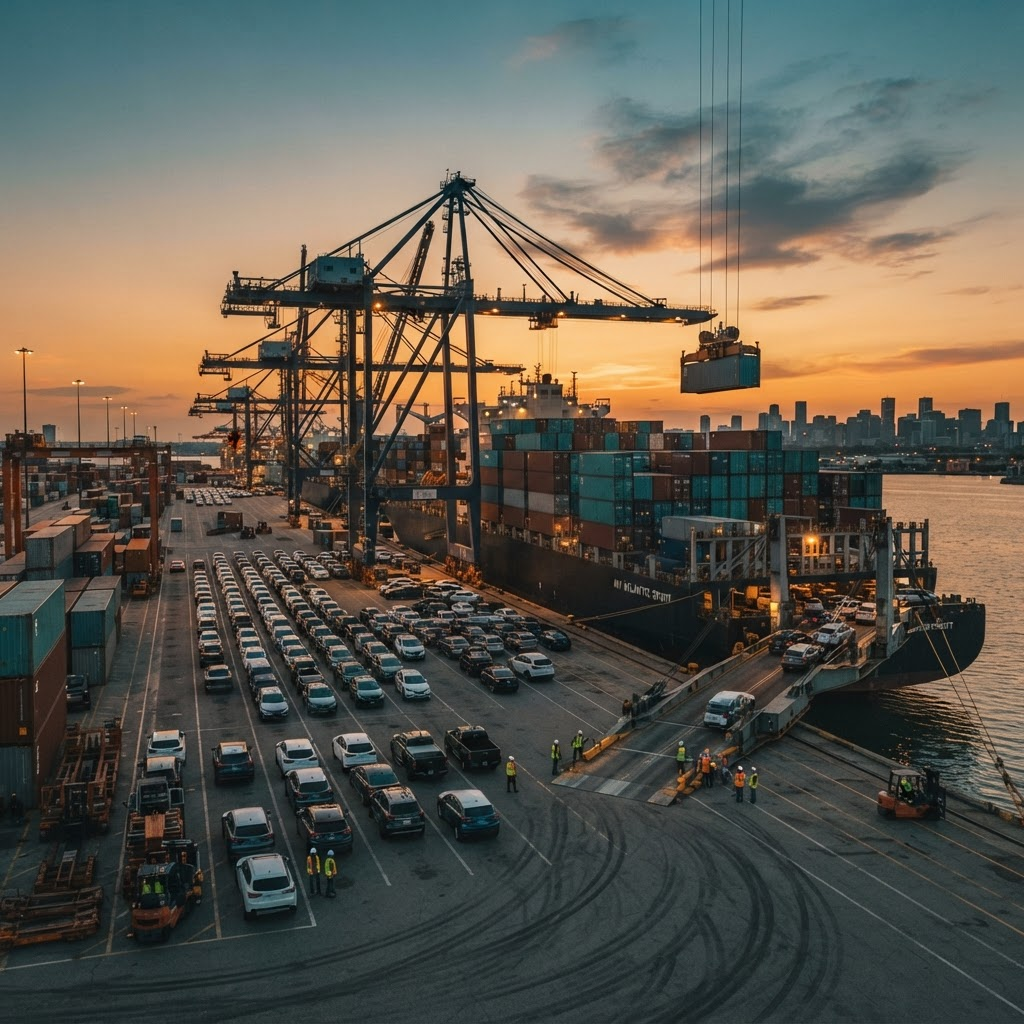 A cargo ship being loaded with vehicles at an international shipping port